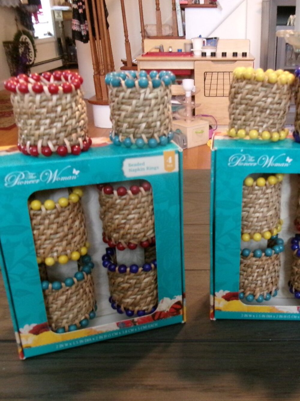 Lot Of 12 ~ 2 Boxes 4 Loose The Pioneer Woman Rattan Napkin Rings, Beaded NEW